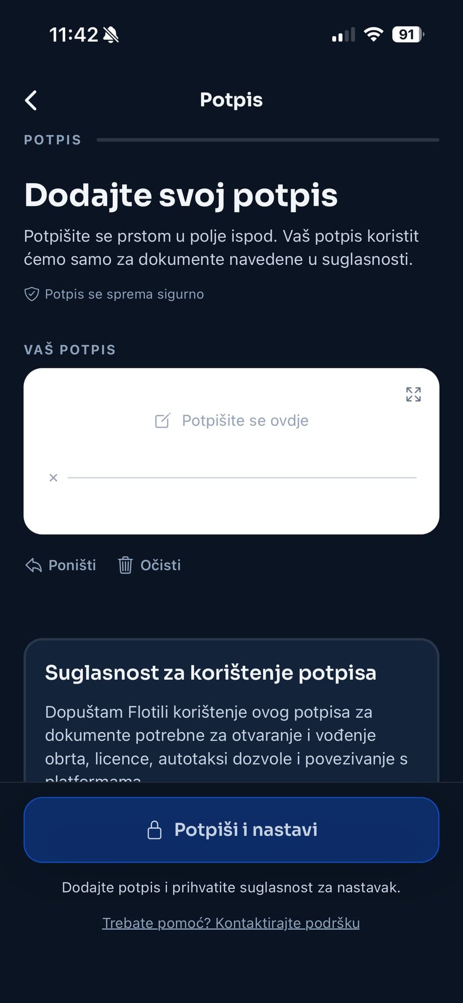 Flotila aplikacija: potpis prstom uz suglasnost za koristenje potpisa